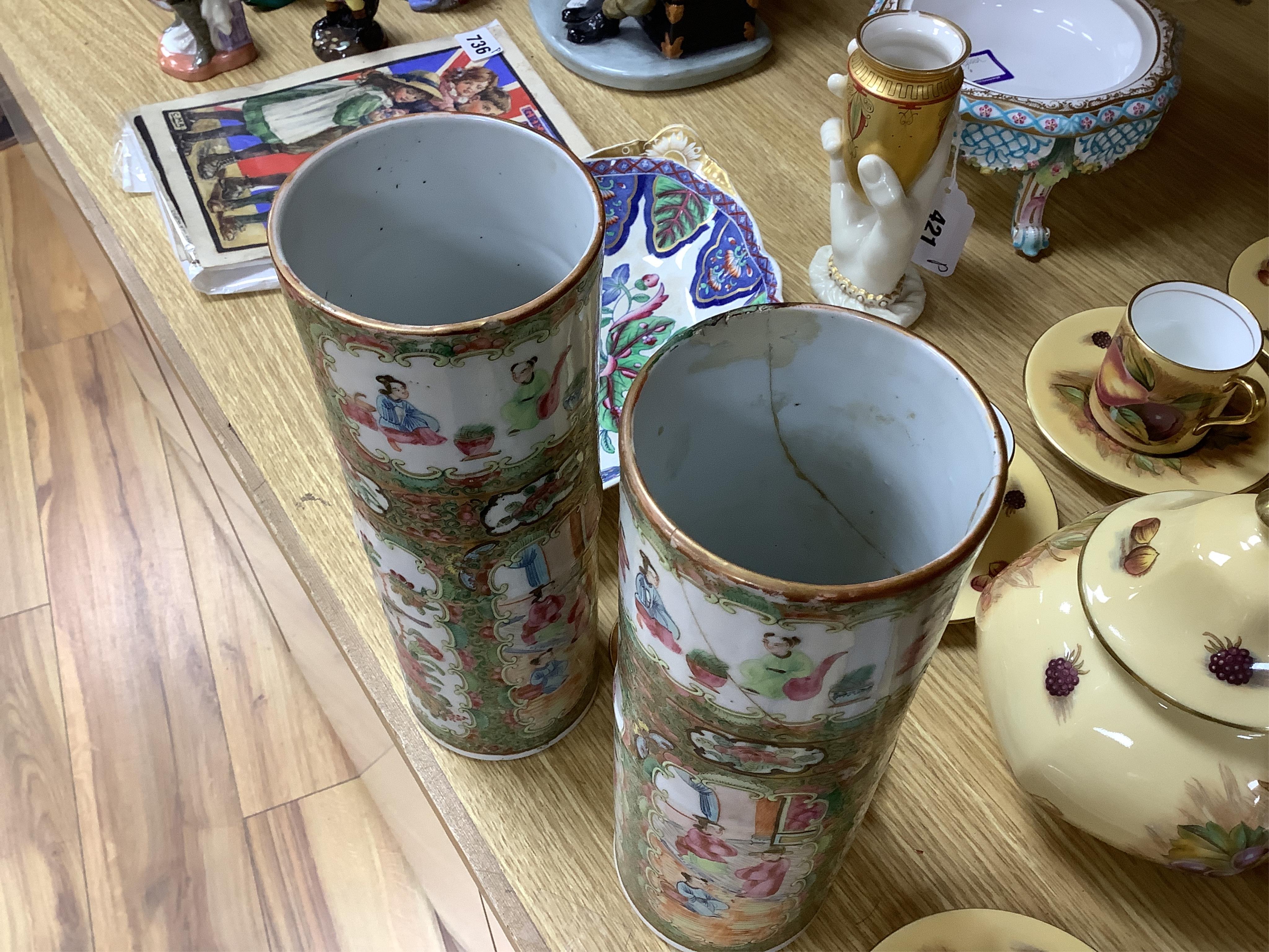A pair of 18th century Chinese famille rose sleeve vases, a pair of 19th century Canton pattern vases and two English spill vases (6), tallest 25cm